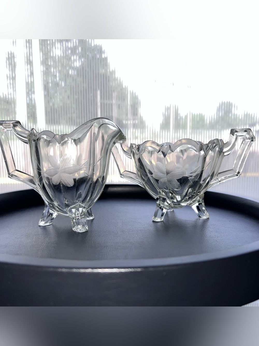 Indiana Glass Footed Cream and Sugar Set Etched Floral Depression Glass “Glows”